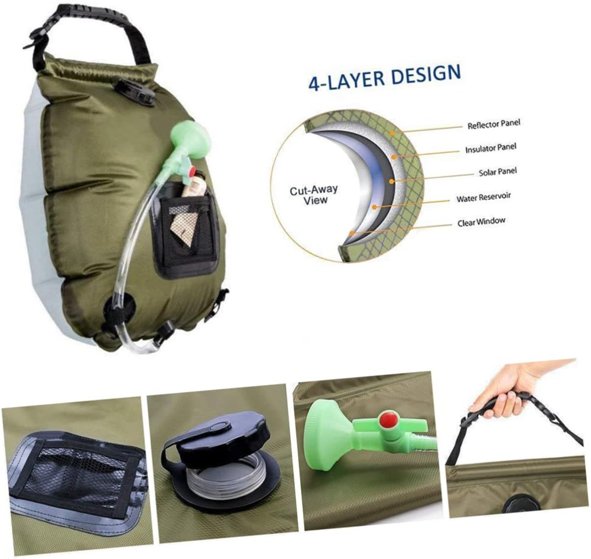 Solar Shower Bag for Camping Hiking Outdoor Activities Portable Water Storage with Shower Nozzle Easy to Use Displays Water Temperature Olive Green