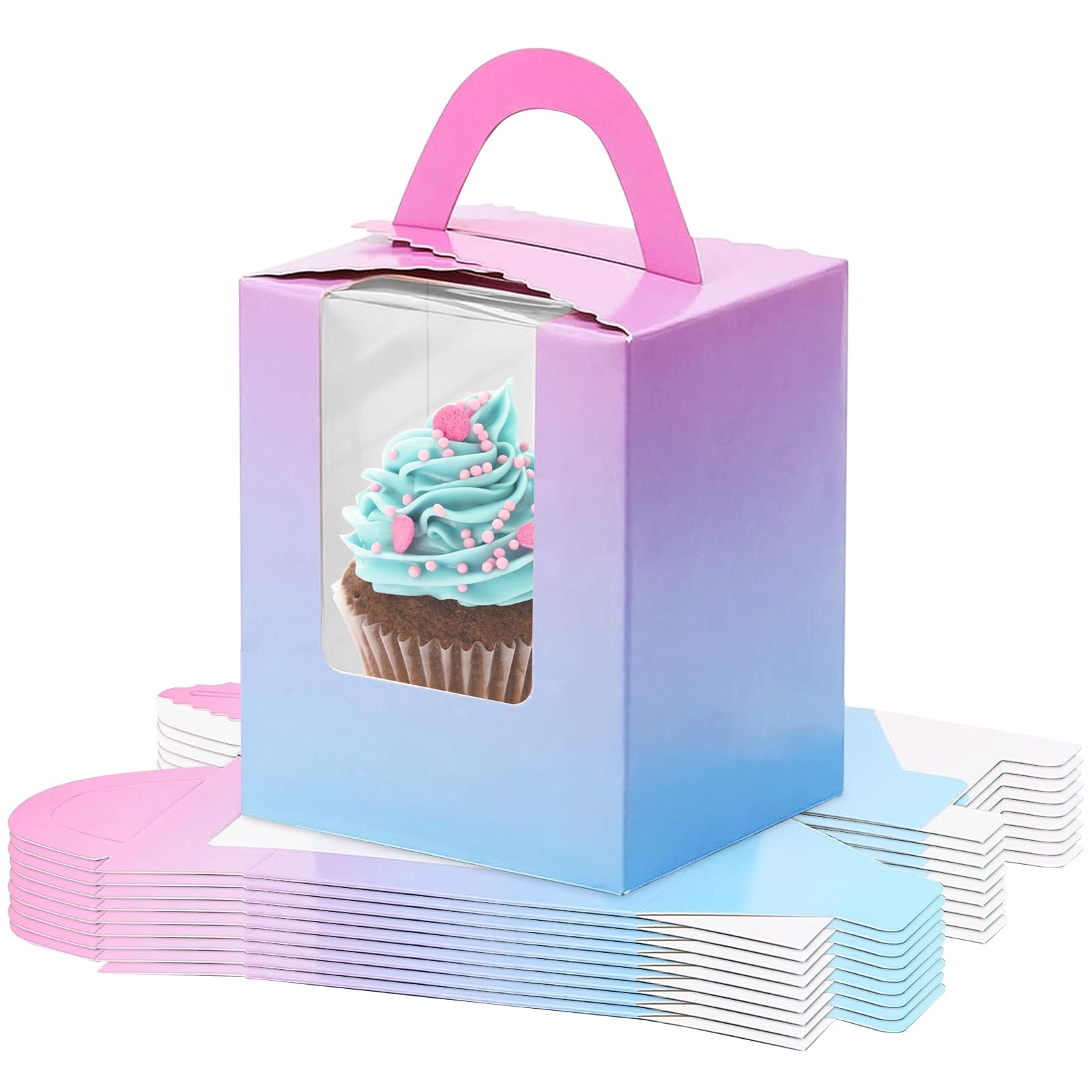 Goedeke Gradient Cupcake Box,10 Pcs Individual Cupcake Boxes Single Cupcake Boxes,Cake Boxes With Window,Cupcake Carrier With Inserts,Individual White Bakery Boxes With Handle,For Weddings, Birthday Parties