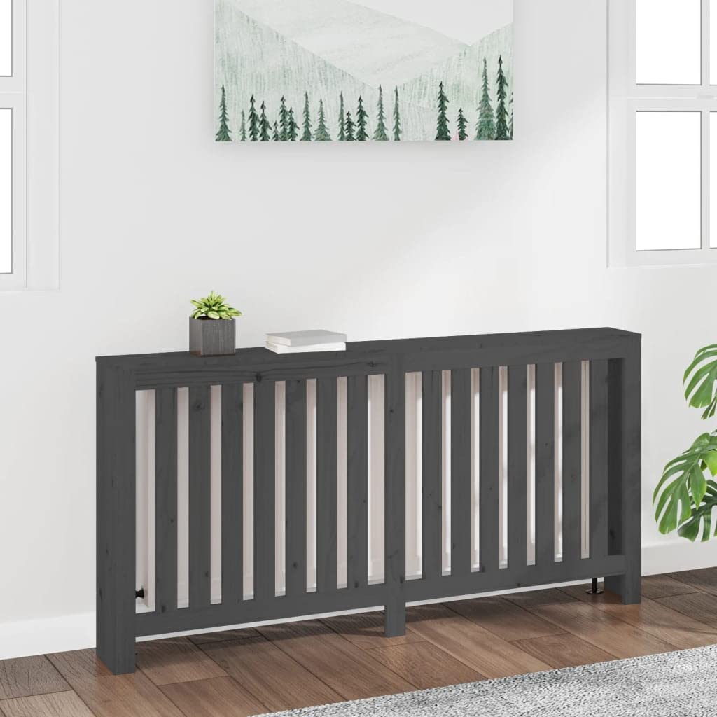 Revestimiento para radiador gris de madera de pino maciza, 169 x 19 x 84 cm, con listones verticales, práctico estante para sala de estar y baño, cubierta de calefacción de bajo consumo