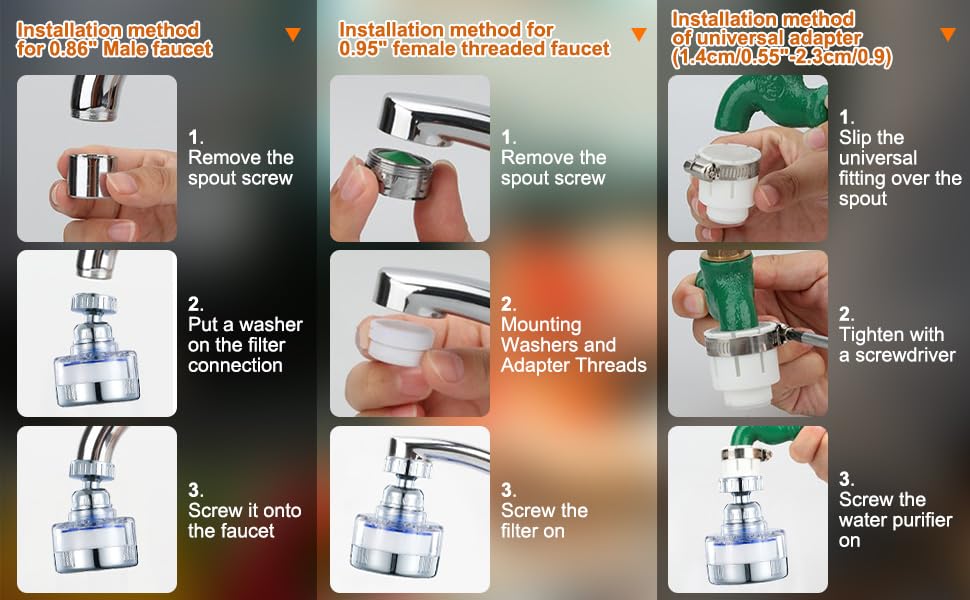 Miniatura 5 de Juego de 8 grifos de filtro de agua para fregadero, filtro giratorio de 360, filtro de agua para fregadero de cocina, elimina fluoruro de cloro,