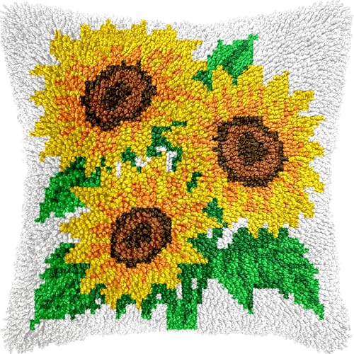 Image of veirousa Sunflowers Latch Hook Pillow Kits for Adults Beginners, DIY Floral Throw Pillowcase Kit, Pre-Printed Rug Hooking Set, Cross-Stitch Cushion for Home Sofa Decor & Gift Idea 17x17 Inch