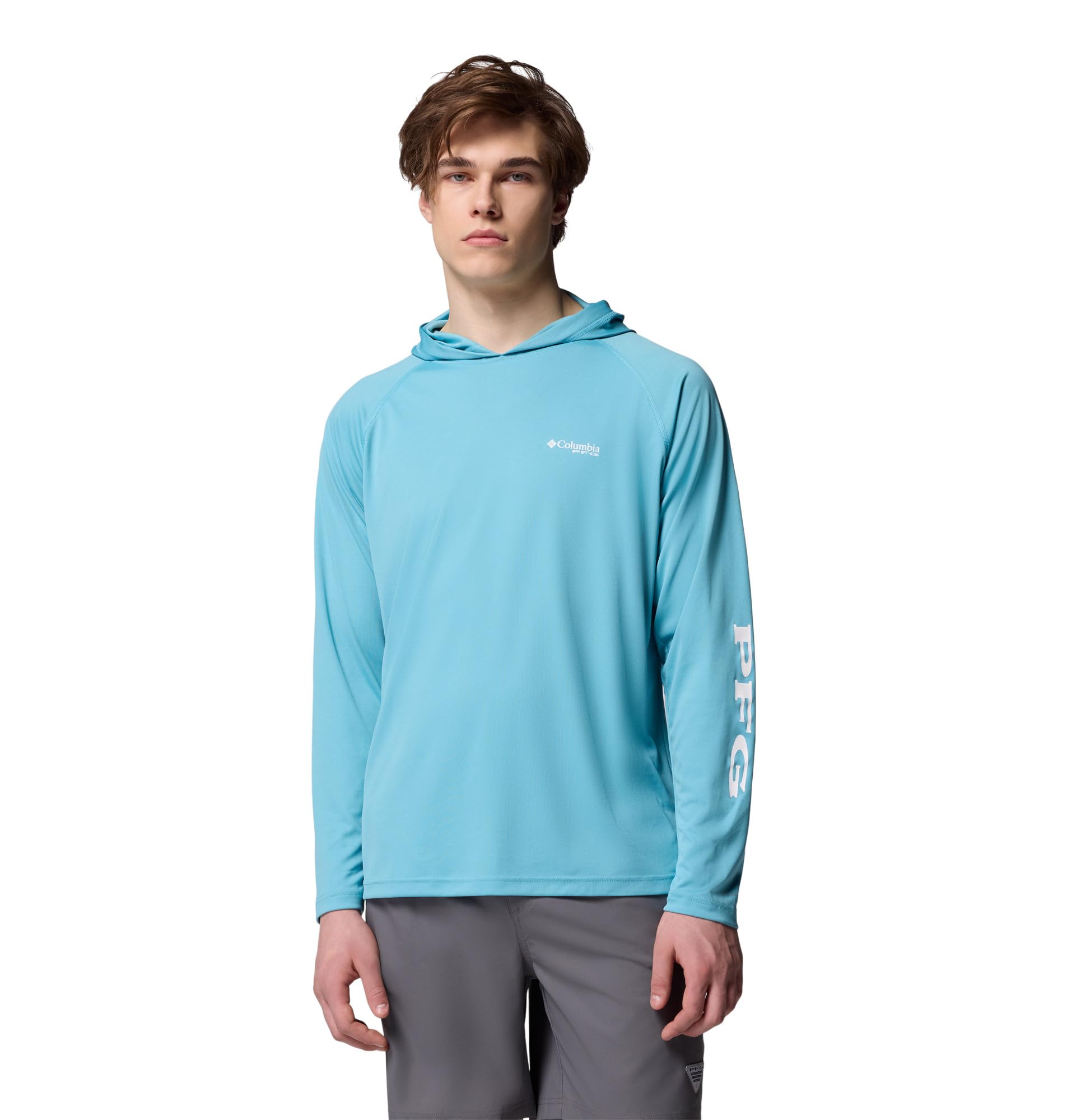 Columbia Men's PFG Terminal Tackle Hoodie Fishing Shirt, Vintage Blue/White Logo, L