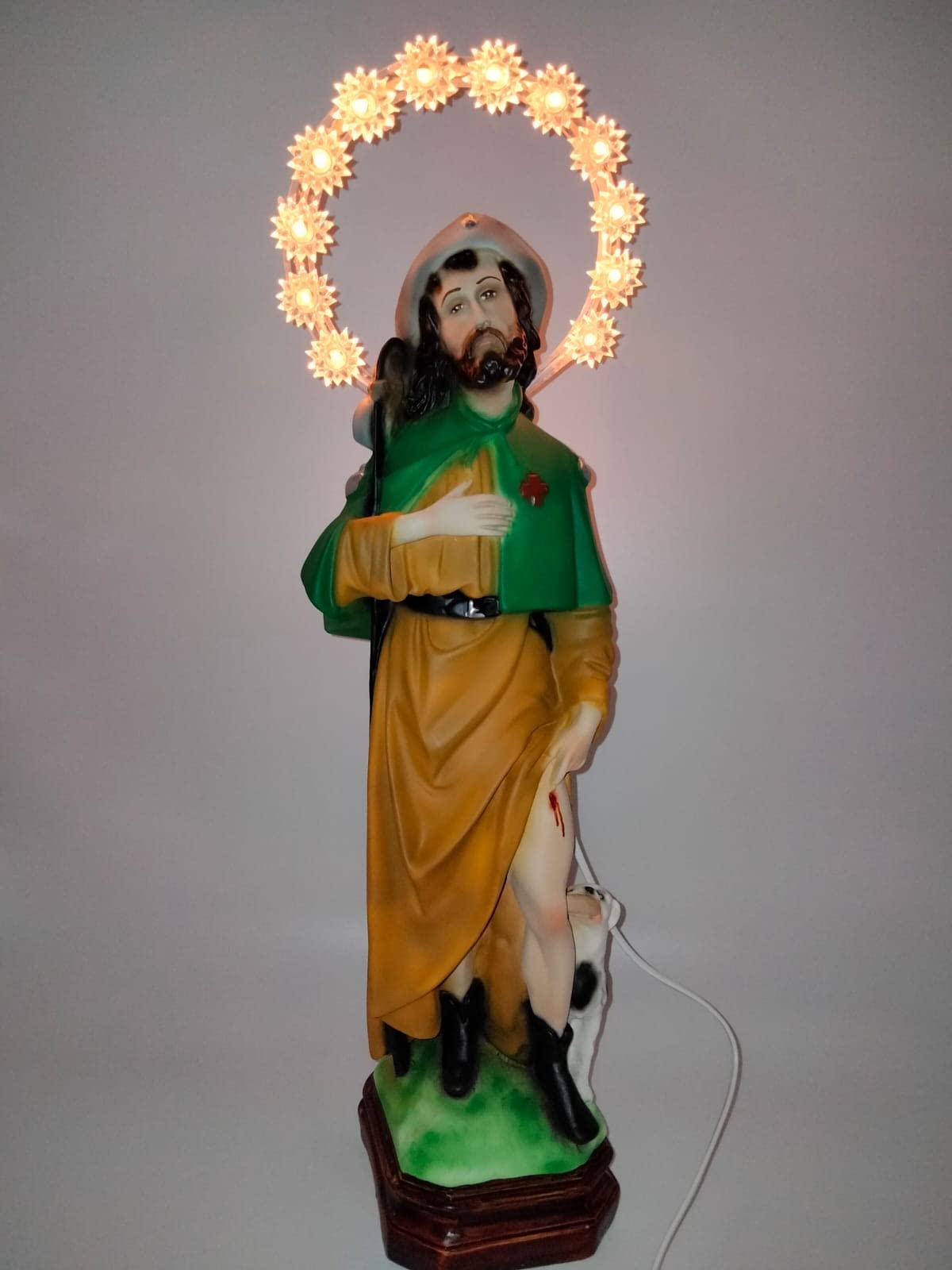 Generico Statua di San Rocco in resina alto cm 45 (17,72'') con aureola luminosa adatto per interni ed esterni realizzato e dipinto a mano