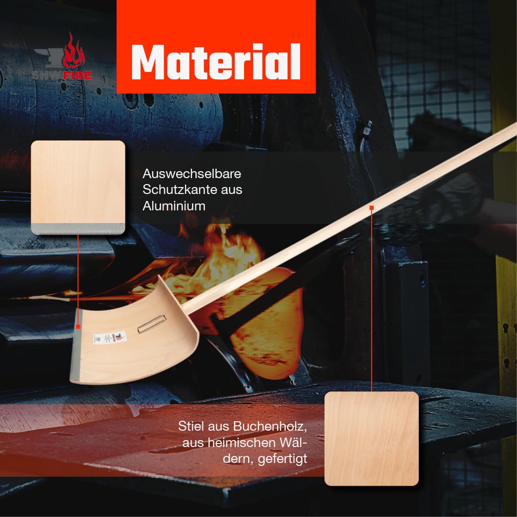 SHW-FIRE | Schneeschieber mit 50cm Schaufel und 150 cm Ovalstiel, Schaufel mit 5-Fach verleimtem Sperrholz mit Aluminium-Schutzkante Premium Schneeschaufel mit Buchenholzstiel | Made in Germany