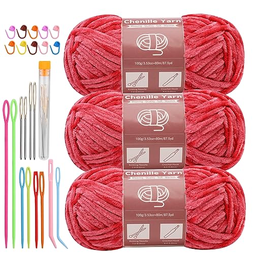 Image of LUNARM Chenille Yarn 3 Pack 3.5oz Chunky Blanket Velvet Yarn 263 Yard | Bright Red Chunky Chenille Yarn for Beginners Crocheting Hand Knitting Scarves with Big Eye Needles Machine Washable