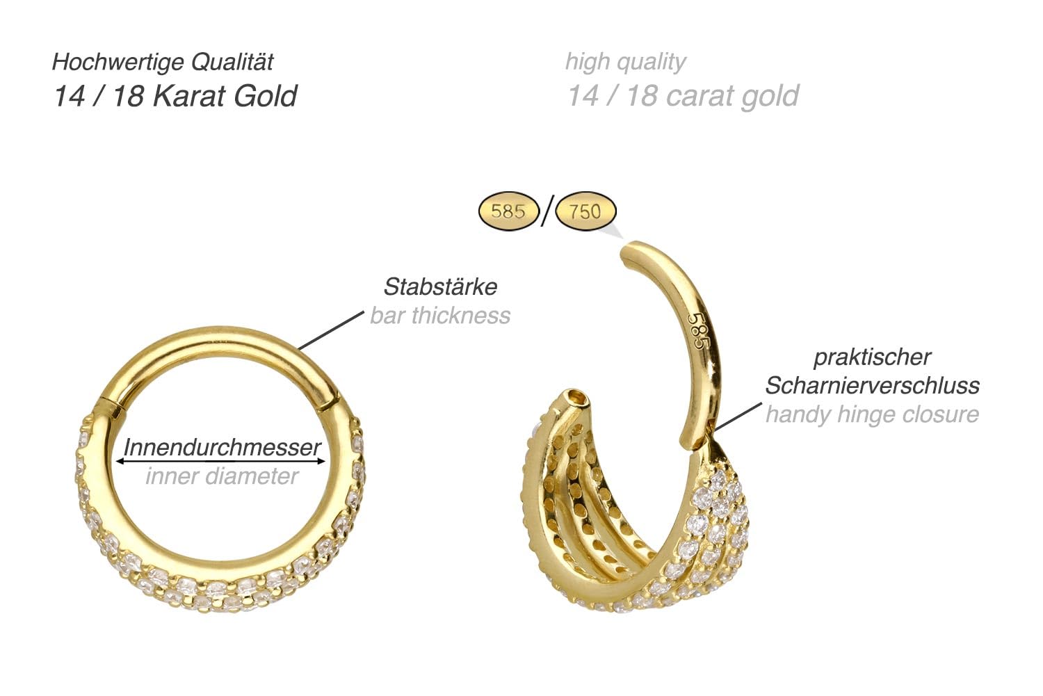 PIERCINGLINE Piercing Ring 14K Gold Segmentring Clicker EINGEFASSTE MOISSANITE + 3 RINGE 585er Gold - Goldfarben