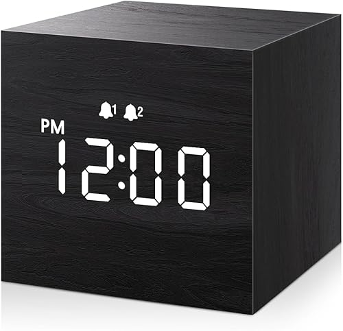 Miniatura 8 de Reloj despertador digital, con pantalla LED electrónica de madera, 3 alarmas, 2.5 pulgadas, cúbicos pequeños, relojes eléctricos hechos de madera