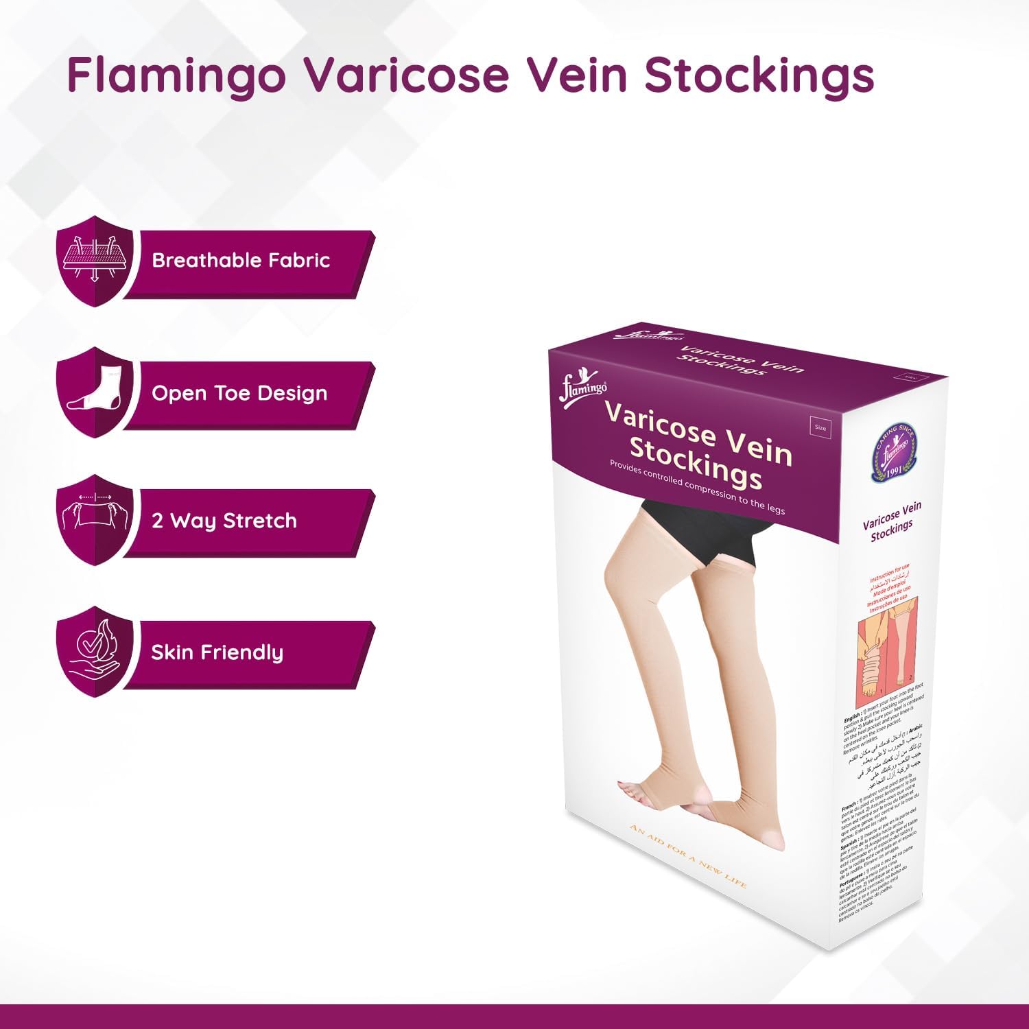 Flamingo Varicose Vein Stockings | Compression Stockings for Men & Women | Graduated Support for Leg Pain Relief & Blood Circulation | Size - Small | 1 Pair 2