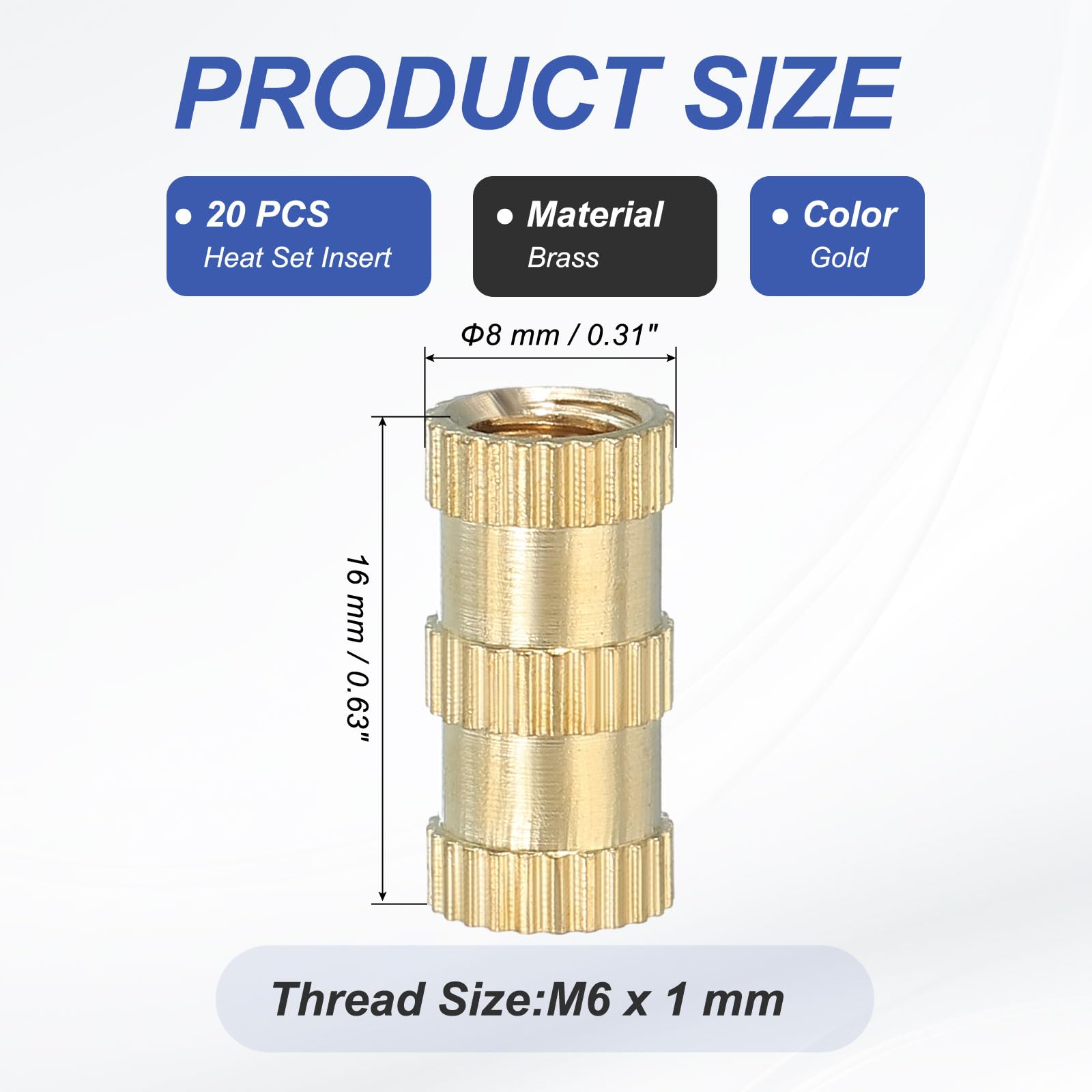 PATIKIL M6 Threaded Inserts, 20 Pcs Female Metric Brass Knurled Nuts Heat Set Insert for Plastic 3D Printing Components (M6x16x8mm) - Image 2