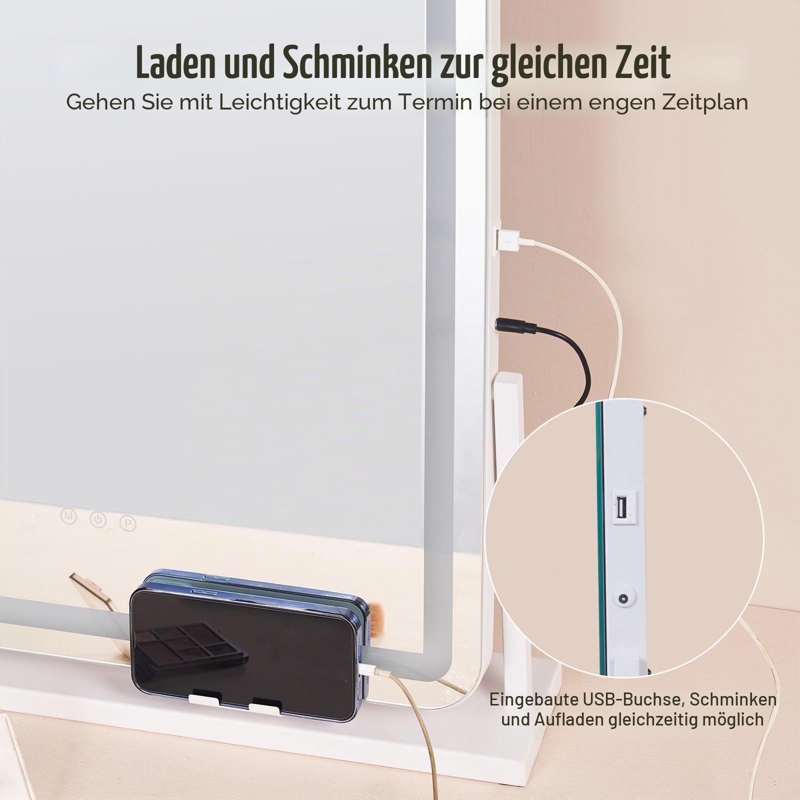 VEVOR Hollywood Schminkspiegel mit Beleuchtung, Kosmetikspiegel mit 3 Farbbeleuchtungsmodi, Schminkspiegel mit LEDs & 5-facher Vergrößerung, USB, Smart-Touch-Steuerung, 360°-Drehbar, 547x447mm