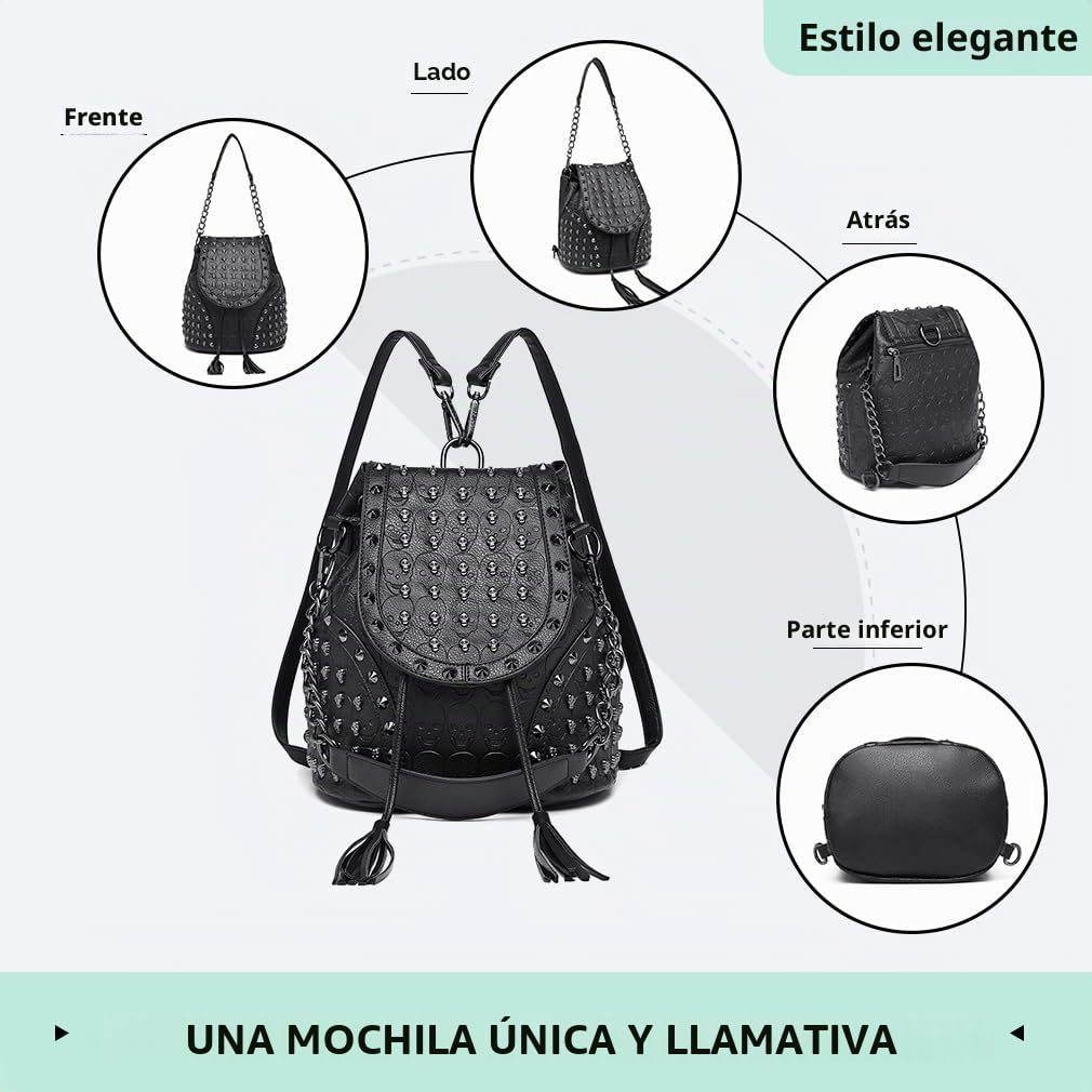 Miss Lulu Mochila Antirrobo para Mujeres, Bolsos Mochila para Mujer con Decoración de Clavos Calavera - Ideal para Festival, Noche en la Ciudad y Estilo Urbano