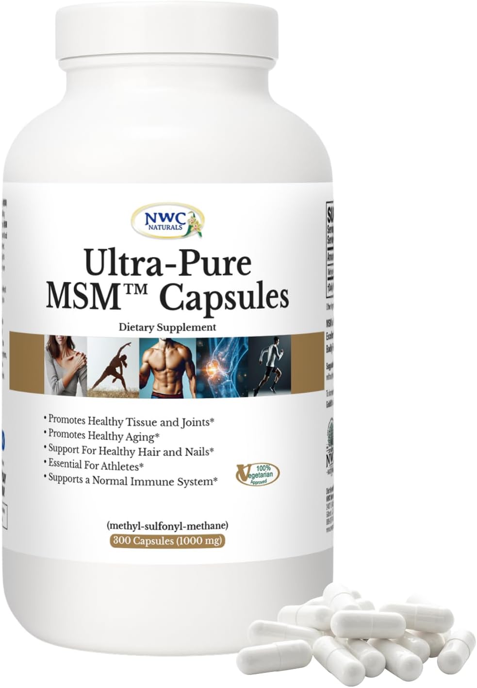 NWC Naturals Ultra-Pure MSM Capsules, 300ct Bottle, 1000mg Pure MSM for Joint Support
