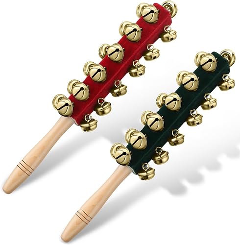 Cindeer 2 campanas de trineo de mano de Navidad, mango de madera, campanas de cascabel, instrumentos musicales, sonajero, instrumento de percusión