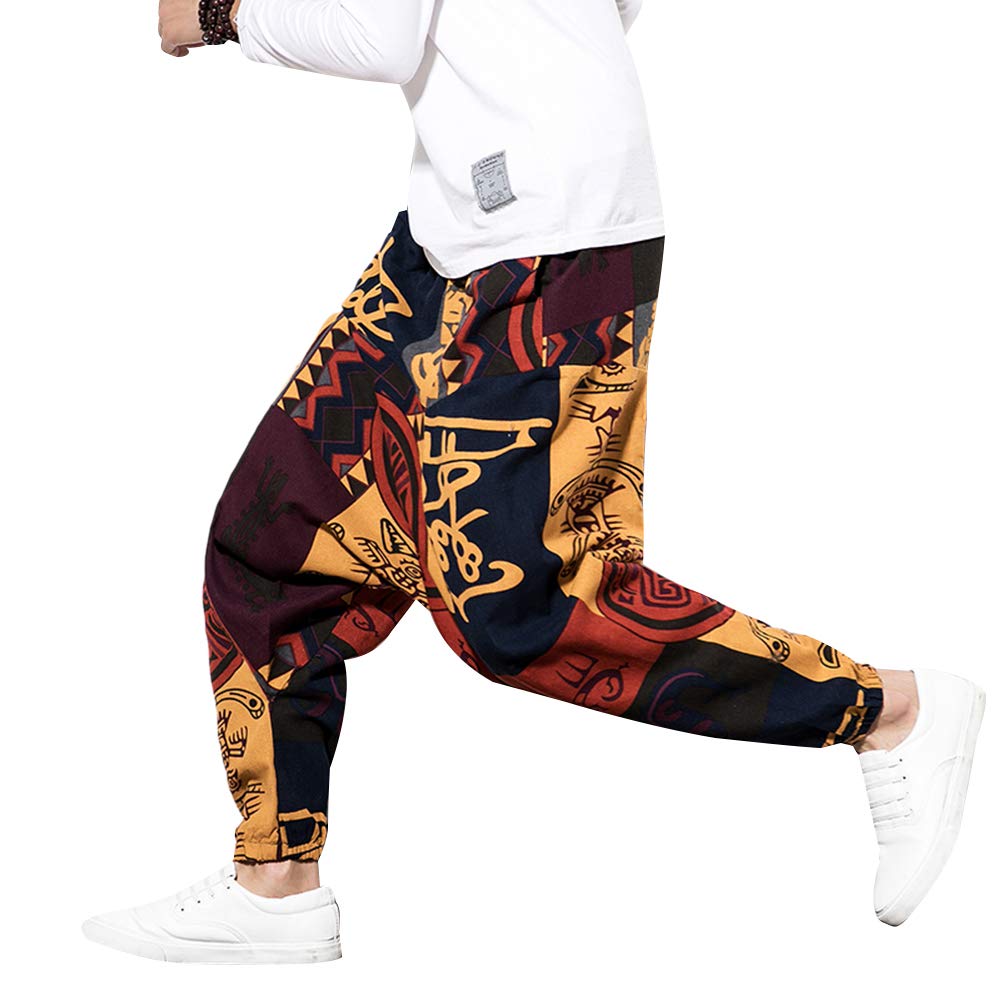 Pantalon sarouel hip-hop ample en lin pour homme - Pantalon de yoga Aladdin bohème - Pantalon bouffant - Entrejambe profond - Imprimé rétro - Pantalon avec poches