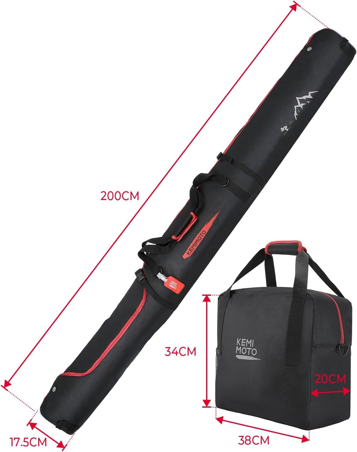 KEMIMOTO Bolsa y Correa para Botas de Esquí, Adecuada para Botas de Esquí de hasta 200 cm de Largo, Capacidad de 25L, Tejido de Malla Impermeable Transpirable Duradera