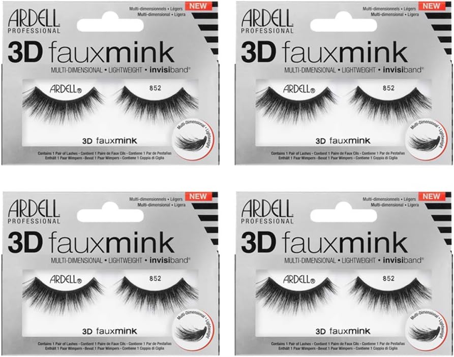 False Eyelashes 3D Faux Mink Lashes 852 - Flared, Natural Look Strip Wispy Lashes with Invisiband, 4 Pairs