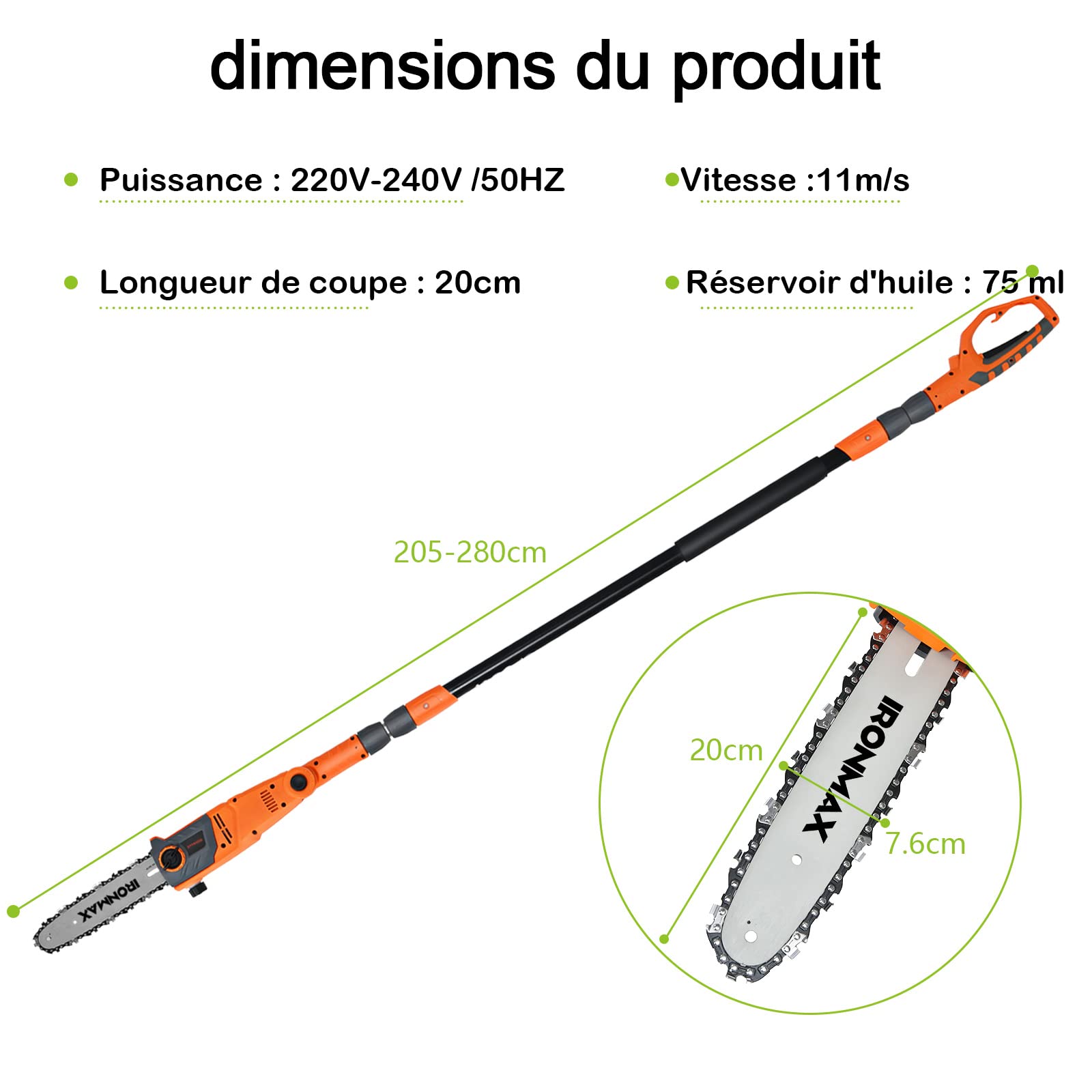 GOPLUS 750W Élagueuse sur Perche Télescopique Électrique,Scie d'Elagage,Perche Télescopique 212-286 cm,Vitesse 10,8 m/s avec Tête Pivotante, Tête de Coupe Réglable -30°-30°