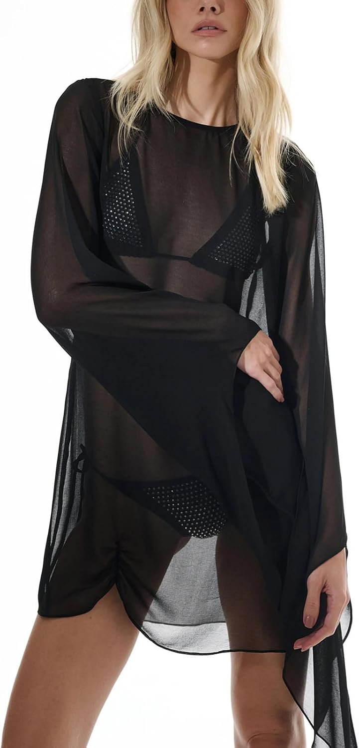 SOLILOQUY Sheer Dress for Women Long Sleeve See Through Cover Up Dress Bathing Suit Swimwear Chiffon Beachwear - Image 6