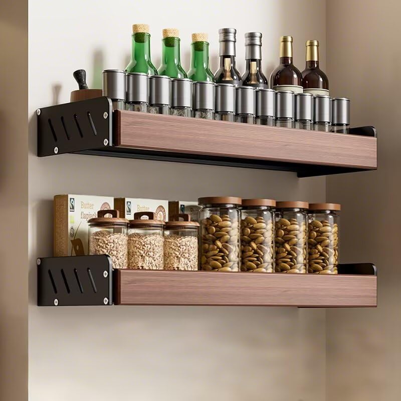 Edumov Estantería para especias de madera y metal, paquete de 2 unidades sin taladrar, organizador para especias para montaje en pared, soporte para especias, estante de cocina para pegar cocina/baño
