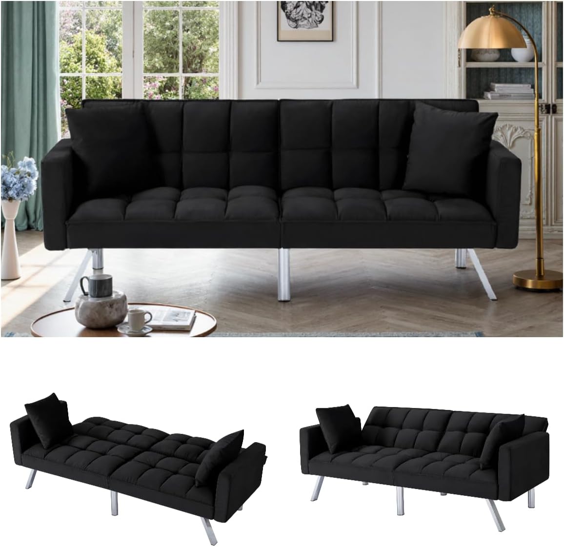 Modern PU Leather 3-Seat Couch, Adjustable Backrest Convertable Sofa, Sleek Minimalist Fold Out Couch Loveseat with Armrests, Sofa for Living Room Home Office Spaces, Brown