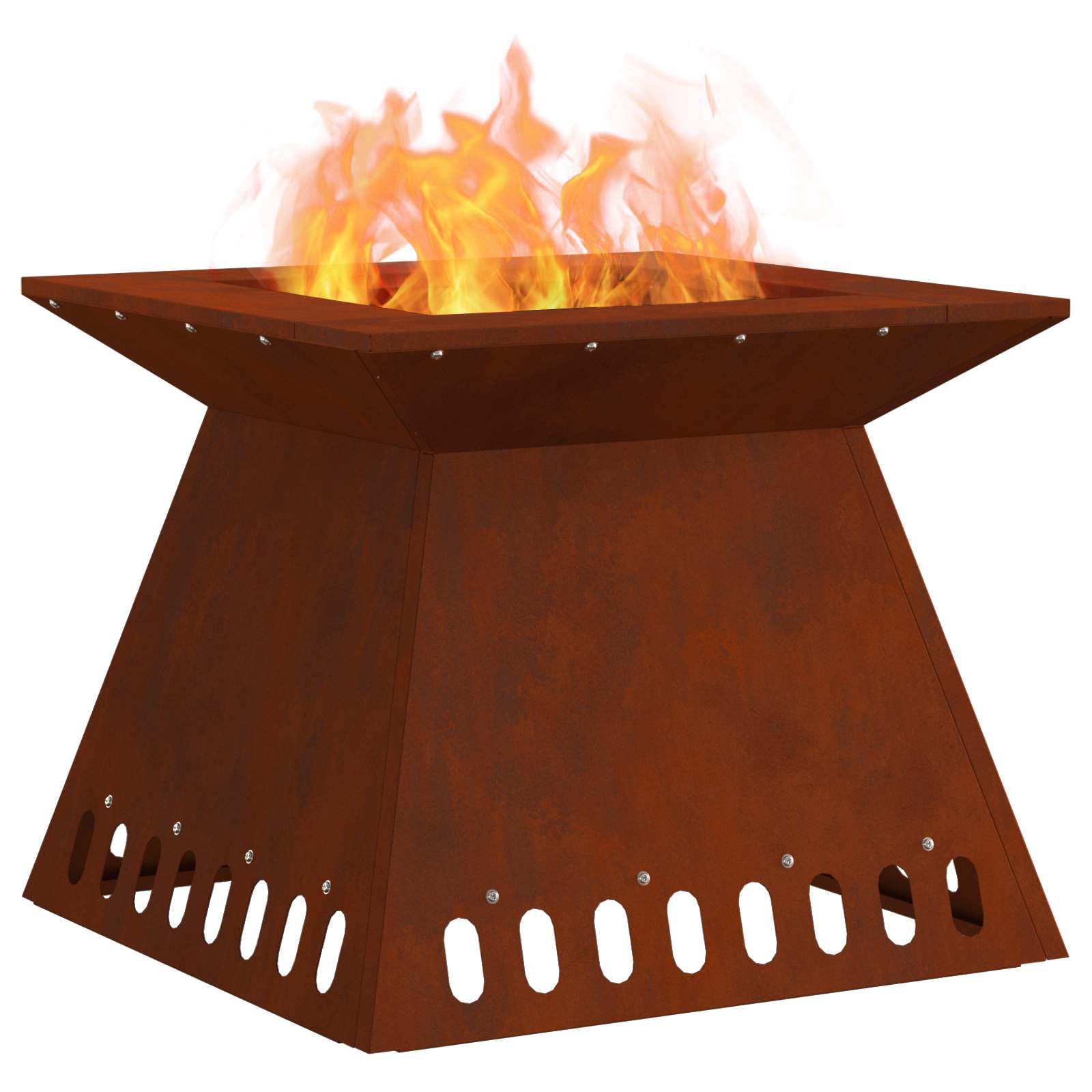 Feuerstelle aus Wetterfeststahl Braun quadratisch 48 x 48 x 40 cm für Holz im Garten Terrasse Balkon, kamin ofen feuerstelle, Wärme und Rauchabzug im Außenbereich