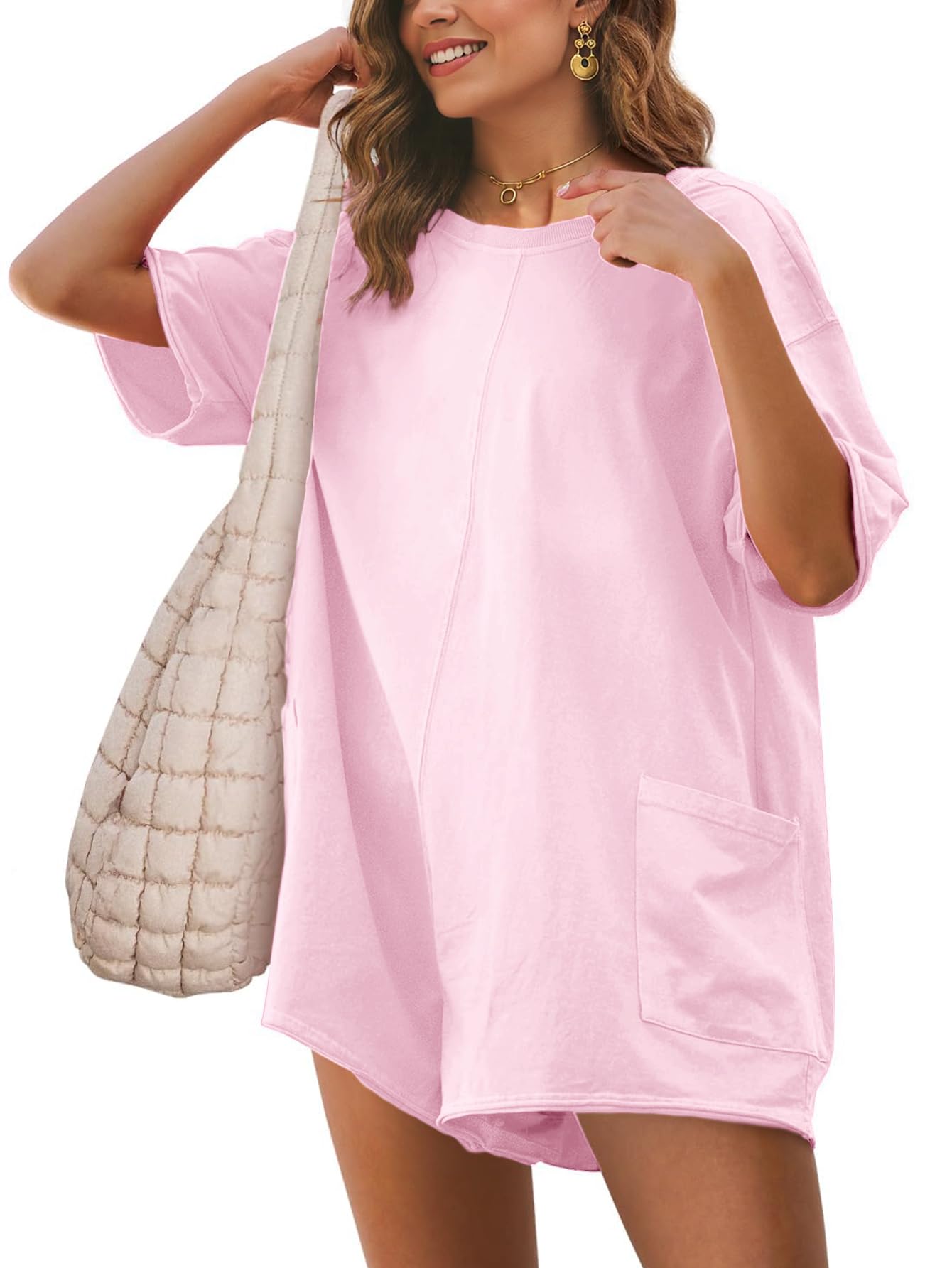 Glamaker Womens Summer Oversized Tee Romper Casual Workout Athletic Romper Onesie Backless Loose Shorts Jumpsuit Overalls