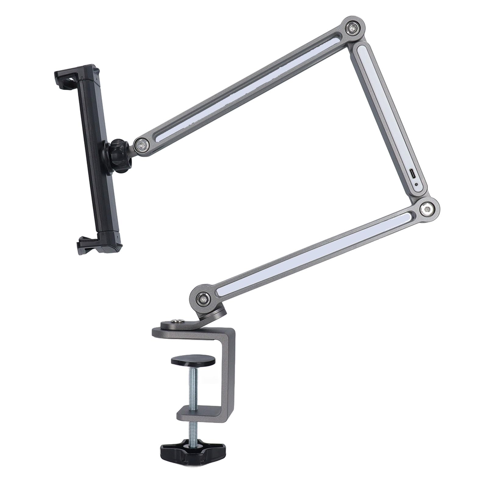 Jiawu Supporto per Telefono da Tavolo con Braccio Lungo con Luce LED, Supporto Regolabile per Telefono da Letto in Metallo con Rotazione di 360 Gradi, Portatile Pieghevole con Morsetto per Tablet,
