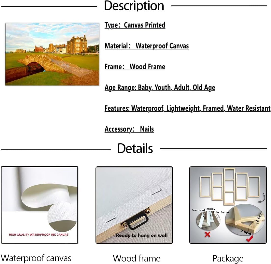 St Andrews Golf Course Wall Art for Living Room Bedroom Home Decorations Golf Course Swilcan Bridge St Andrews Picture Poster Framed Artwork Canvas Prints Ready to Hang(24''H x 36''W) - Image 7