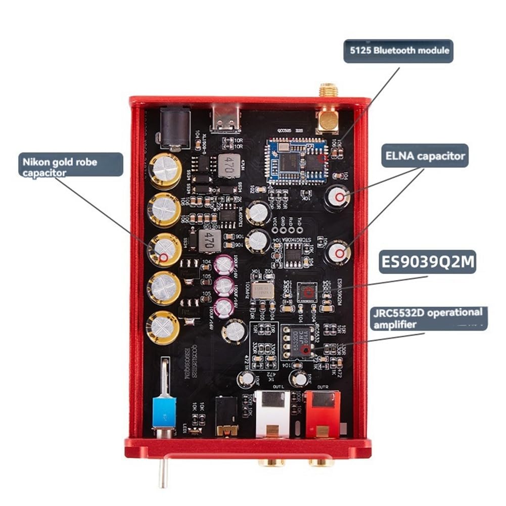 Décodeur HiFi sans Perte QCC5125 ES9039Q2M HD Bluetooth 5.0 Adaptateur Récepteur sans Décodage DC12V Rouge