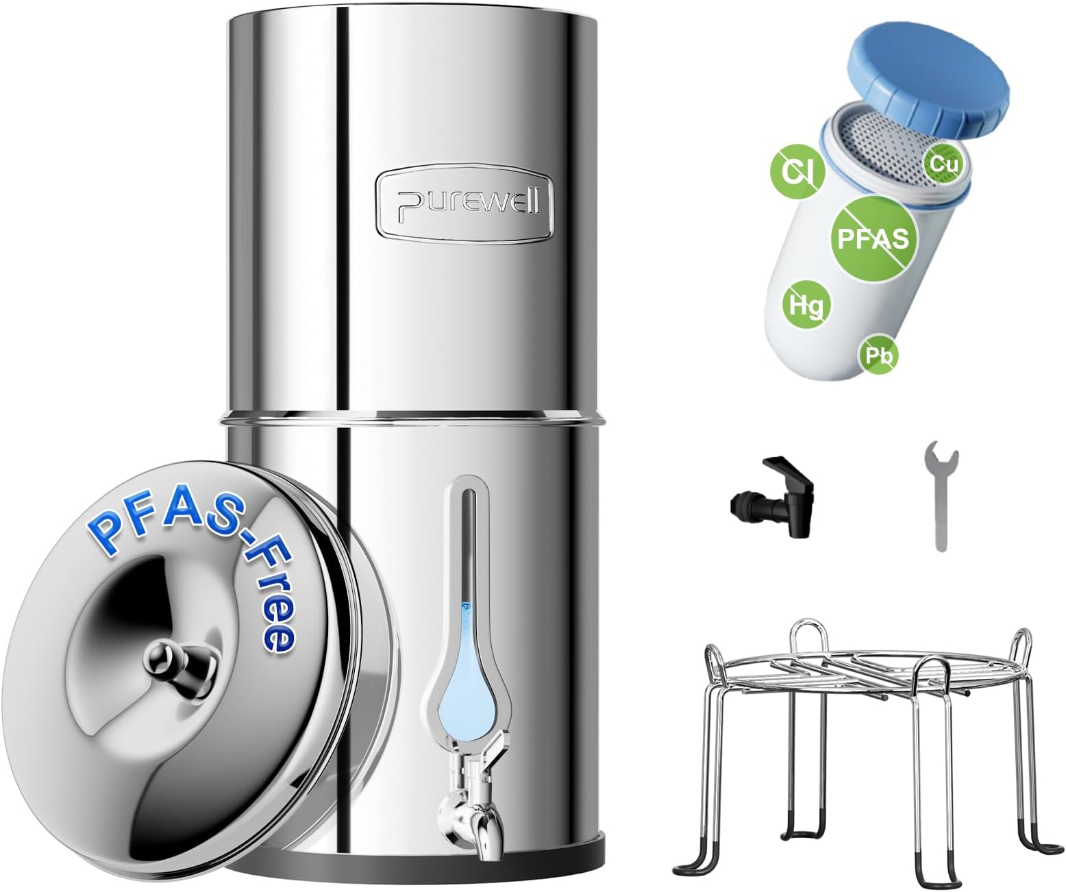 Purewell PFAS-Free 6-Stage Gravity Water Filter System with PC Water Level Window, Certified to Reduce Lead, Total PFAS (Forever Chemicals), Mercury, and Chlorine, SF-2.25G