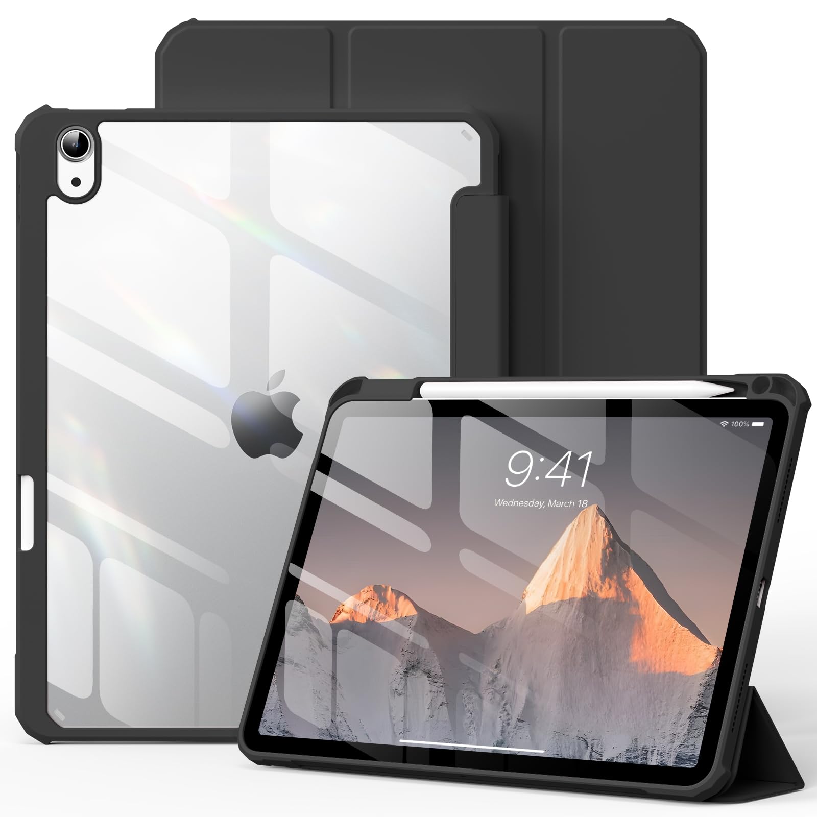 KVTVOU Case for iPad (A16) 11th / 10th Generation 2025/2022 10.9 Inch with Pencil Holder, Clear Hard Back Cover, Trifold Stand Slim Protective Case for iPad 11th/10th Gen, Auto Wake/Sleep, Black
