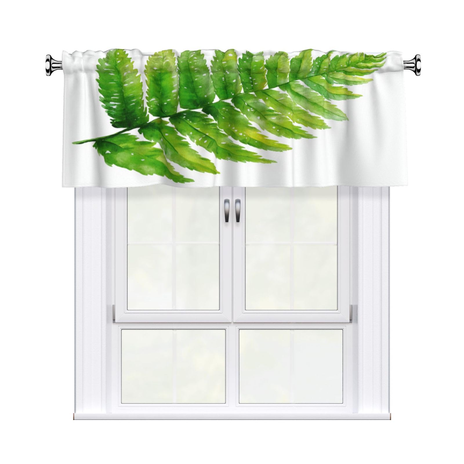 Woshuwo Green Fern Leaf On White Watercolor Valances For Windows Rod Pocket Window Treatment Short Curtains For Kitchen Living Room Bedroom Decor 54x18in