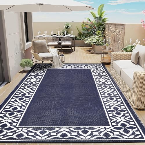 Image of PureCozy Outdoor Plastic Straw Rug Navy Blue Large Outside Waterproof Outdoor Patio 8x10 Carpet Geometric Reversible Mat Modern for Camping RV Porch Deck Balcony Beach