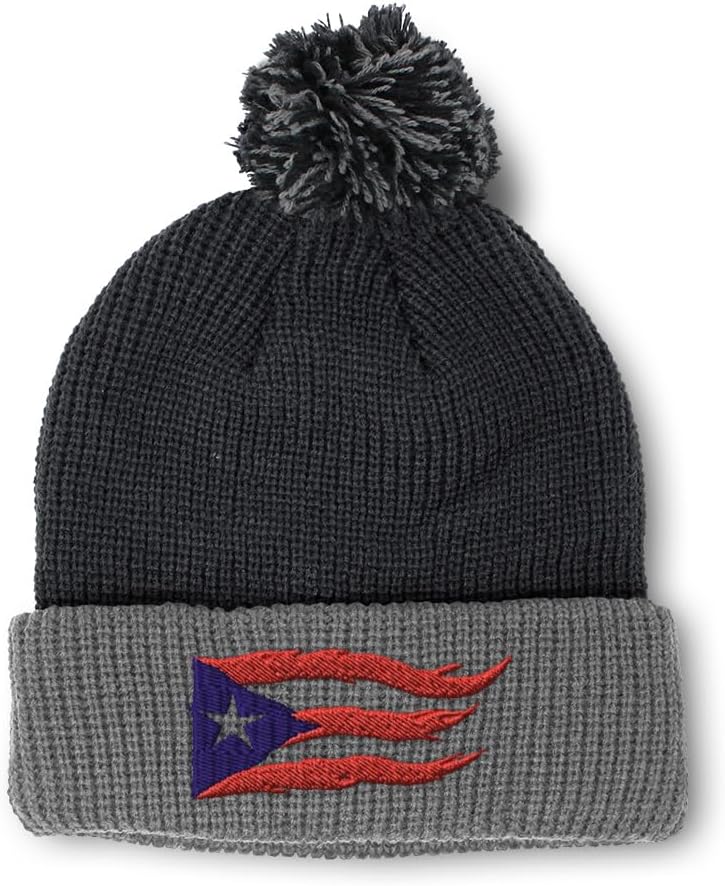 Pom Pom Beanies for Women Puerto Rico Flame Flag Black Caribbean Boricua Skull Cap Acrylic One Size