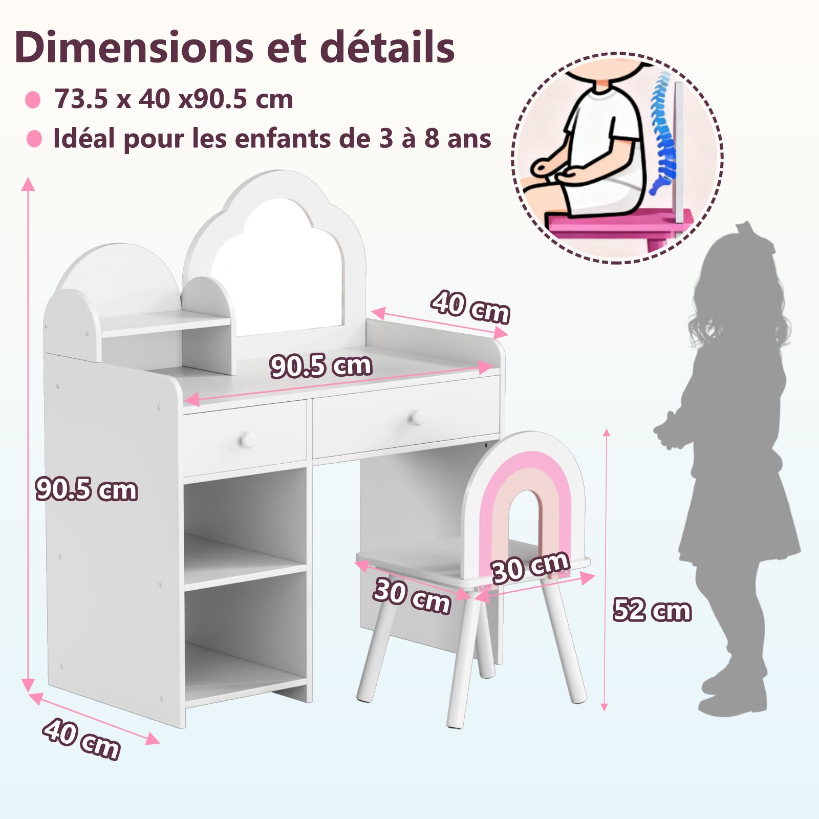 Clevich 2 en 1 Coiffeuse Enfant, Coiffeuse pour Fille avec Miroir et 2 Tiroirs, Casiers, Bureau pour Enfants avec Tabouret, Motif Arc-en-Ciel, Table de Maquillage pour Enfants 3 à 8 Ans (Blanc)