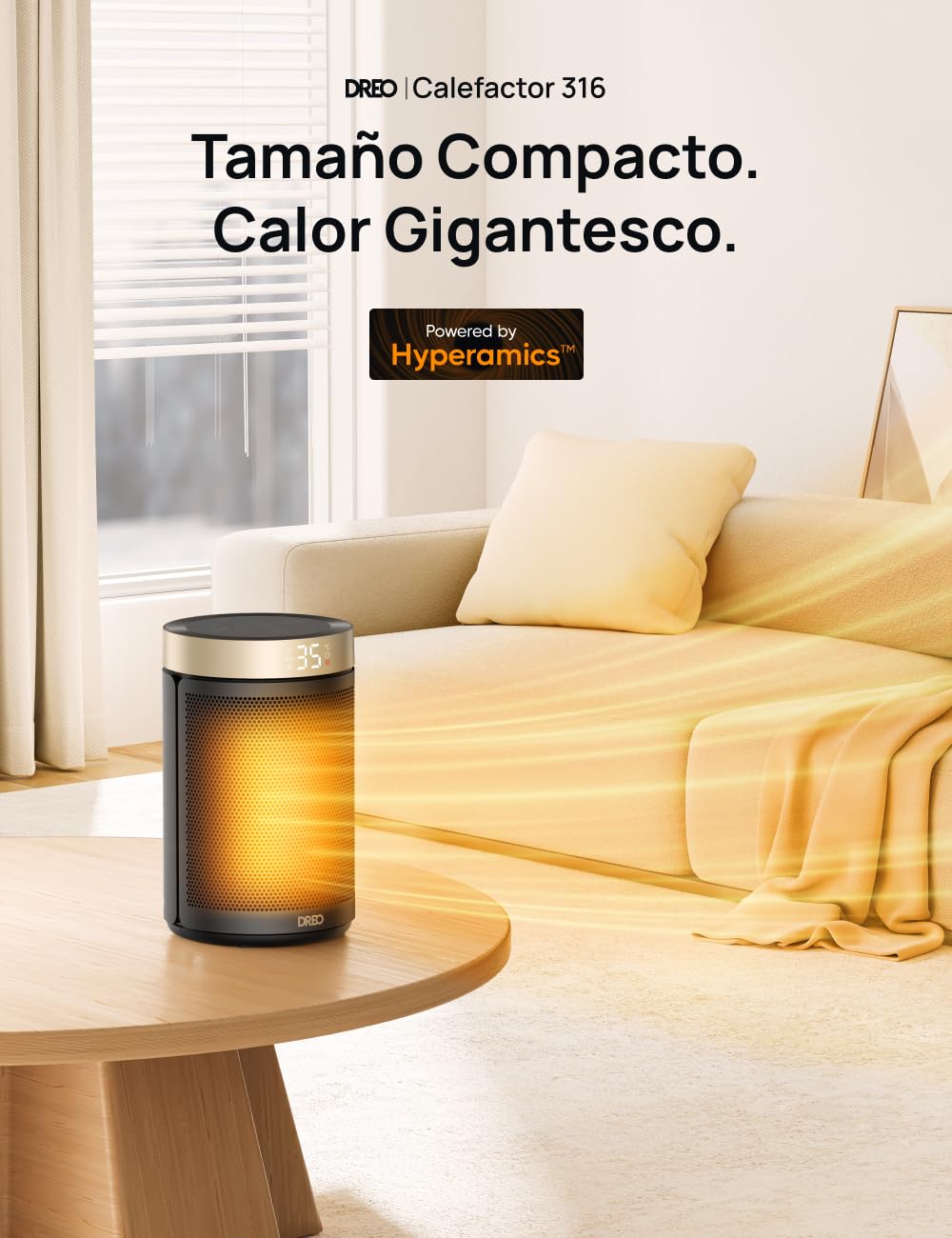 DREO Calefactor Cerámico de Bajo Consumo, Portátil con Termostato, Temporizador 12H, Modo Eco y Ventilador Silencioso, Calentador Eléctrico 1500W PTC Rápido y Seguro para Oficina, Dormitorio y Hogar