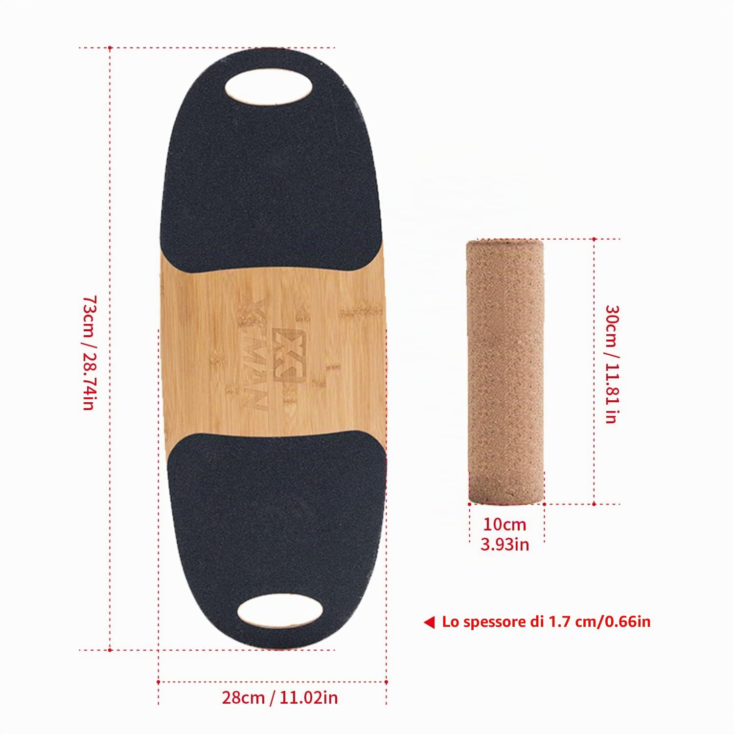 XCMAN Balance Board Trainer in bambù con tappi regolabili – 3 diverse opzioni di distanza | Balance Board per surf, snowboard, sci, skateboard e allenamento yoga