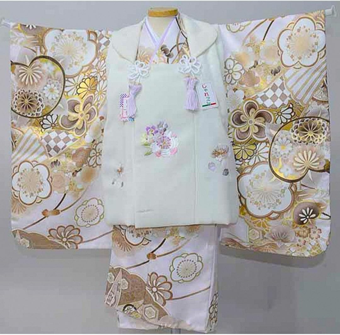 七五三 三歳 三才 女児 被布着物フルセット 本製 金彩 淡いピンク×白色