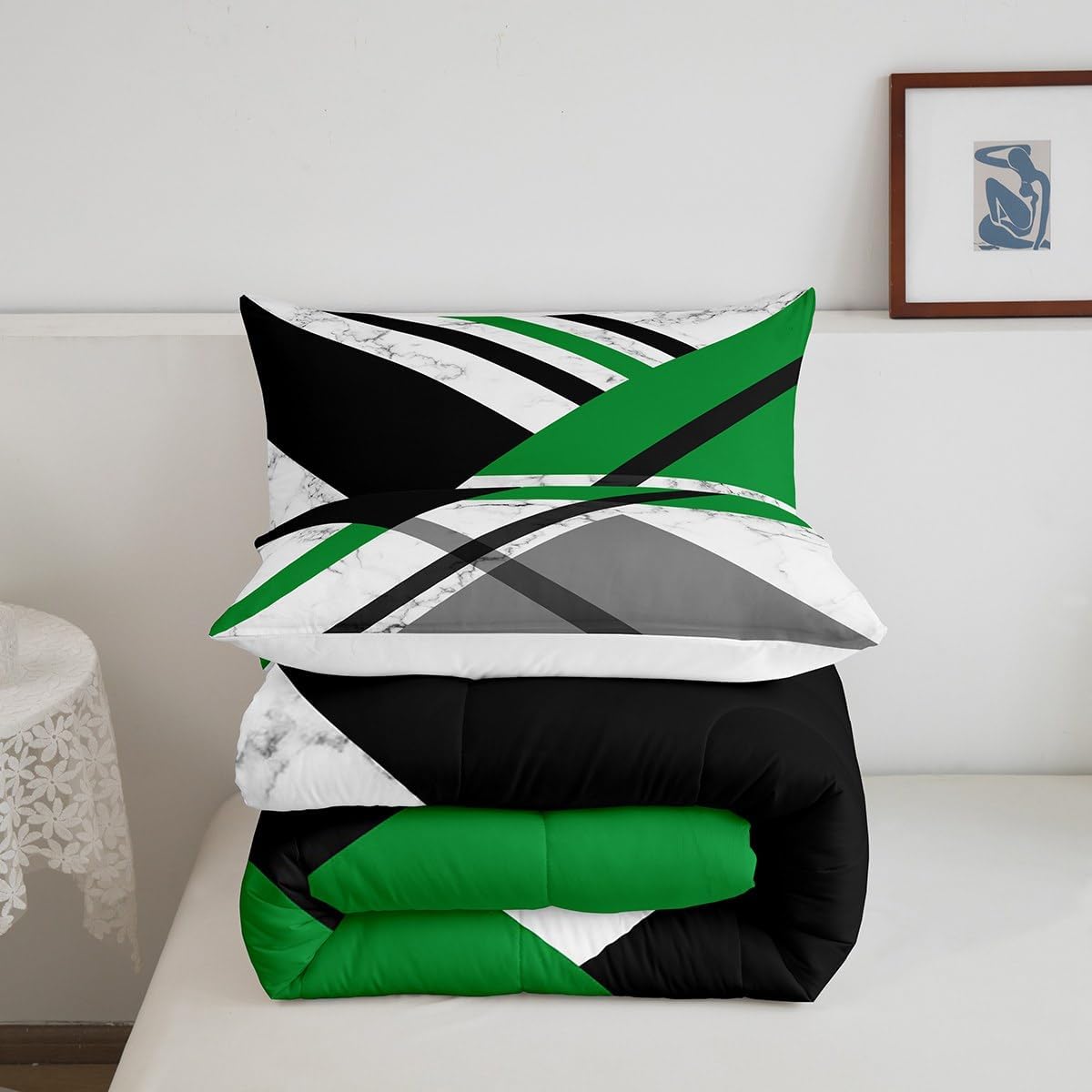 Green and Gray Geometric Quilt Set Queen Black White Gray Triangle Stripes Comforter Set Abstract Marble Bedding Set for Boys Adults Men,Modern Simple Thick Lines Bed Set 2 Pillow Cases