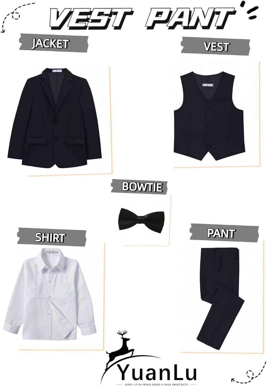 YuanLu Boys Suit for Kids Tuxedo Wedding Ring Bearer Outfit, 5 Piece Boy Slim Fit Formal Suits with Adjustable Waist