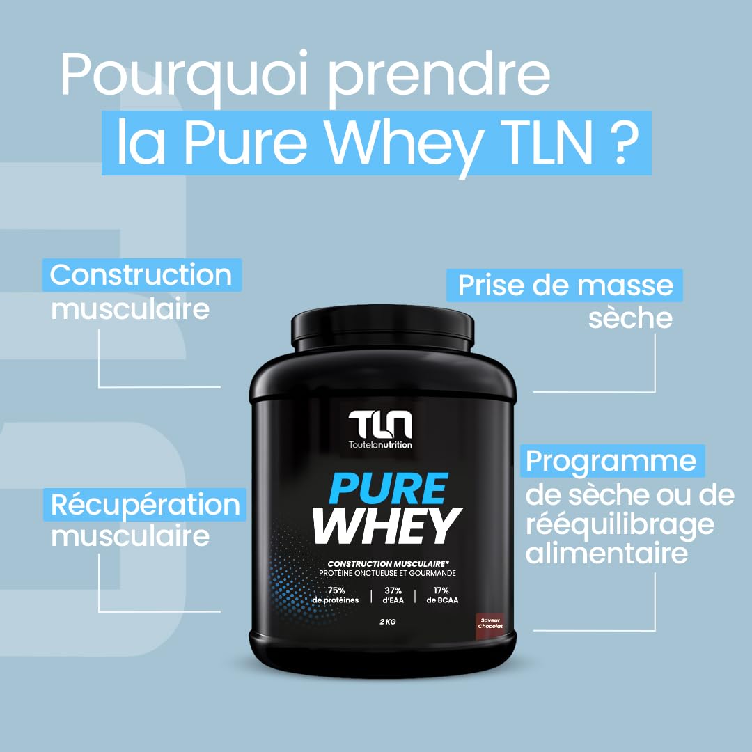 PURE WHEY | Jusqu’à 77% de Protéines | Riche en BCAA & EAA | Construction Musculaire Rapide et Sèche | Peu Calorique | Digestion Facile DigeZyme® | Texture MilkShake Saveur Chocolat | 2kg | TLN