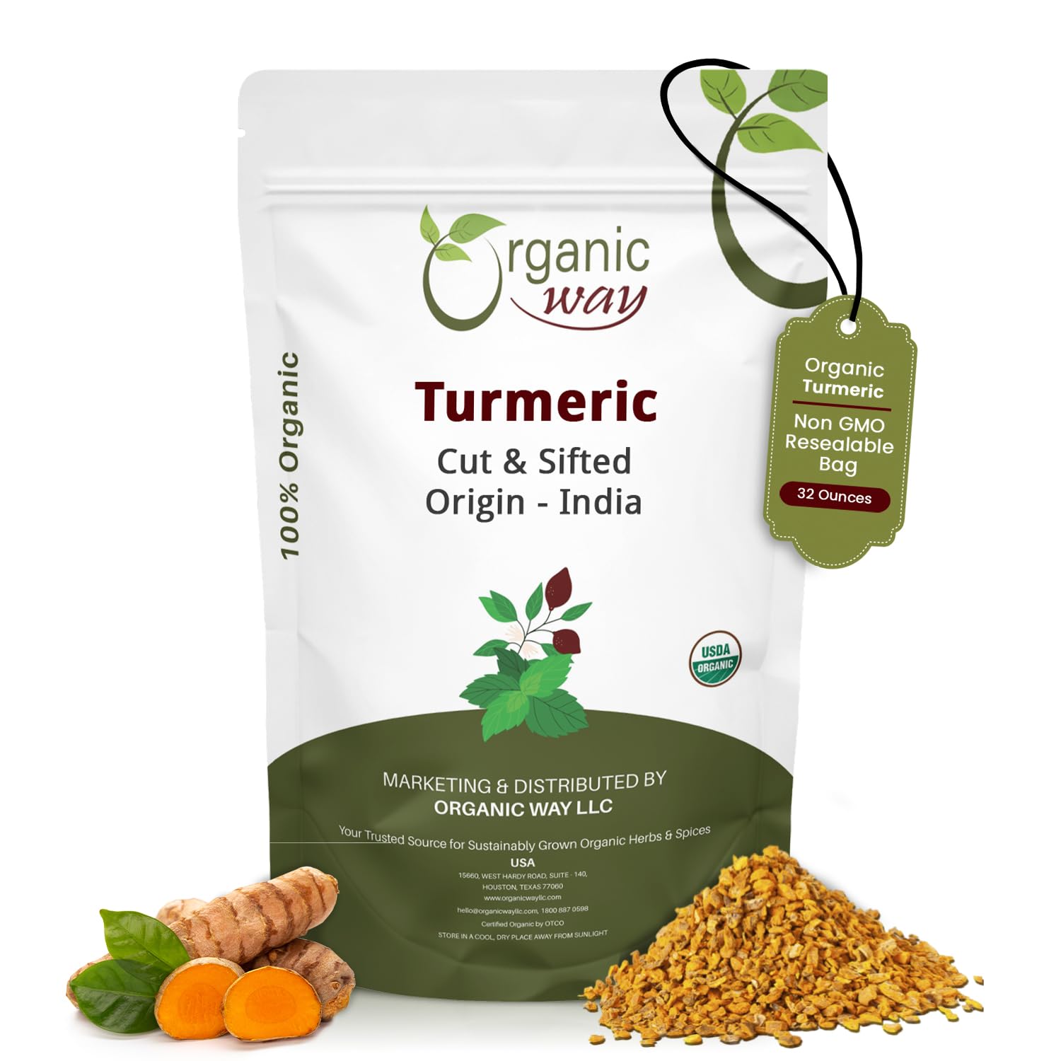 Organic Way Turmeric/Haldi Root Cut & Sifted (Curcuma Longa) - Herbal Tea | Kosher & USDA Certified | Vegan, Non-GMO & Gluten Free | 100% Raw from India (2LBS / 32Oz.)