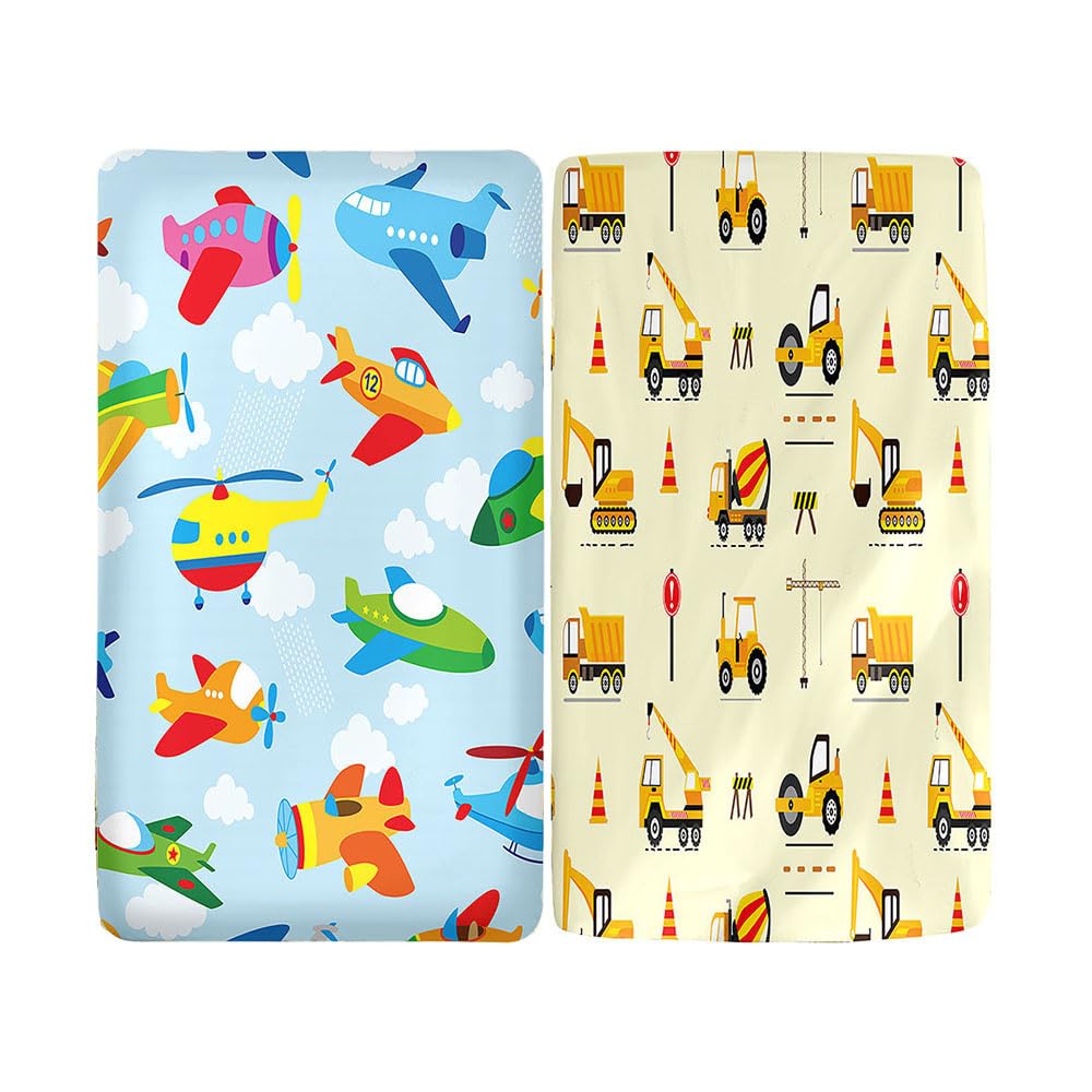 Hiseng 2pcs Microfiber Crib Sheets, Cot Bed Sheets with Cartoon Pattern Cot Fitted Sheets Bassinet Mattress, Soft and Comfortable Toddler Bed Sheets for Boys, Girls (Airplane and Excavator,60x120cm)