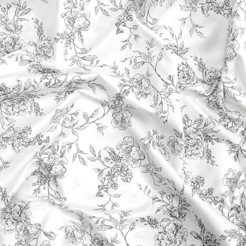 Image of Feather & Stitch Printed 500 TC Split King Size Sheet Set, 5 Piece Bed Sheets Set, 2 Twin Fitted Sheet, 1 King Flat Sheet & 2 King Pillowcases, 18 inch Deep Pockets Sateen Weave - Grey Floral Toile