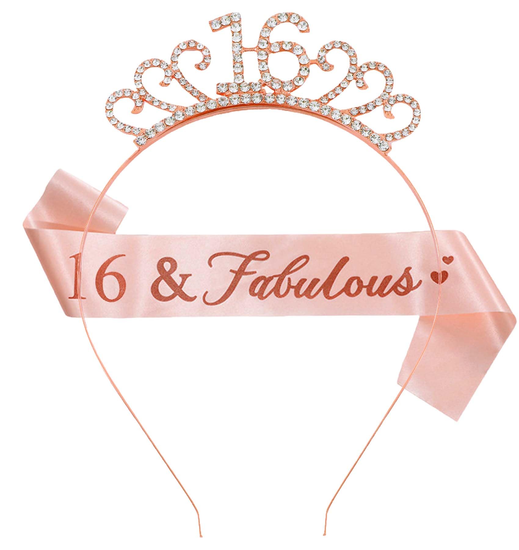 WeveriColle 16th Birthday Sash and Crown Crystal Tiara for Girls 16th Birthday Decorations 16th Birthday Gift for Girl Party Accessory Rose Gold