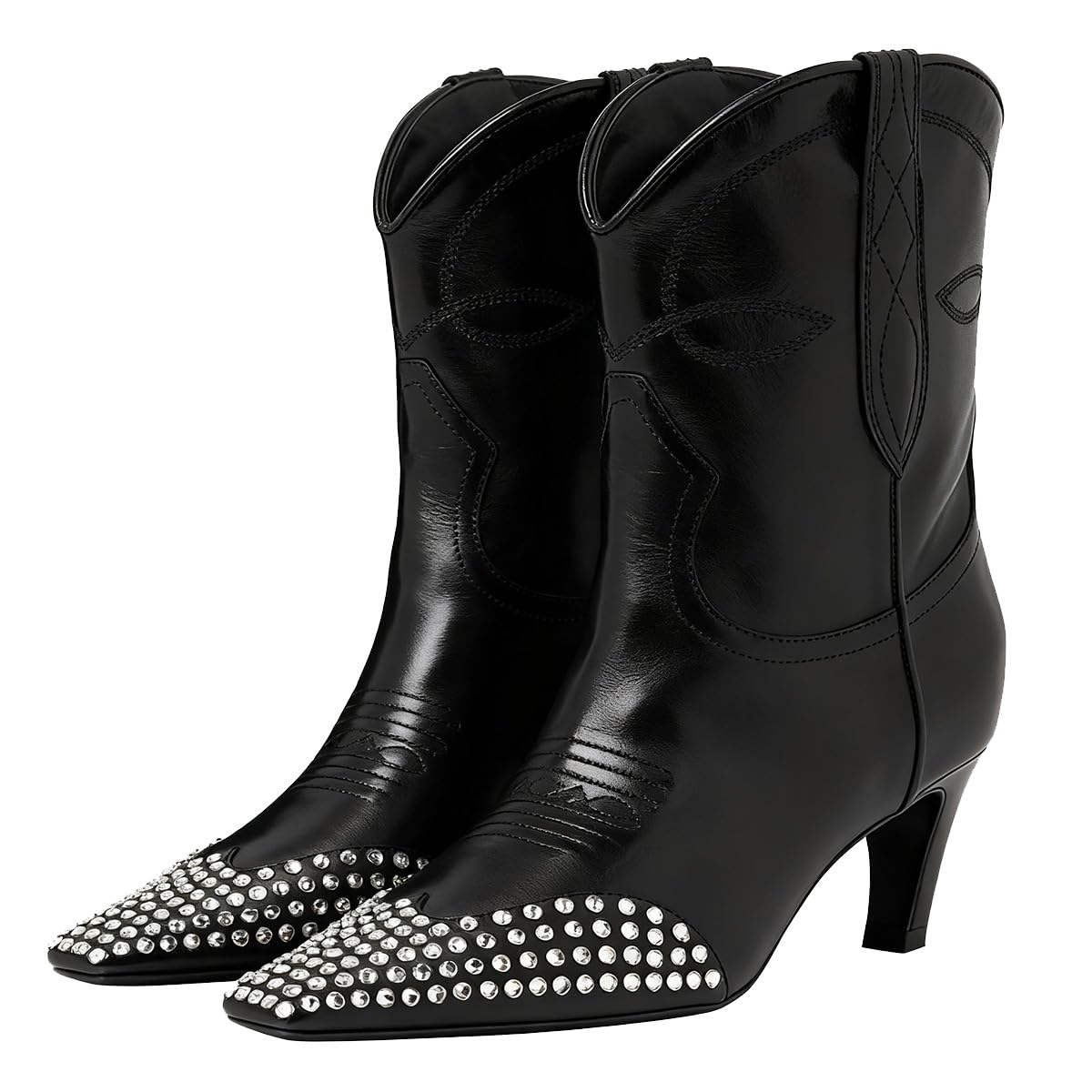 FSJ Women Square Toe Comfort Kitten Low Heel Ankle Boot Pull On Bootie Fall Winter Cowgirl Cowboy Dressy