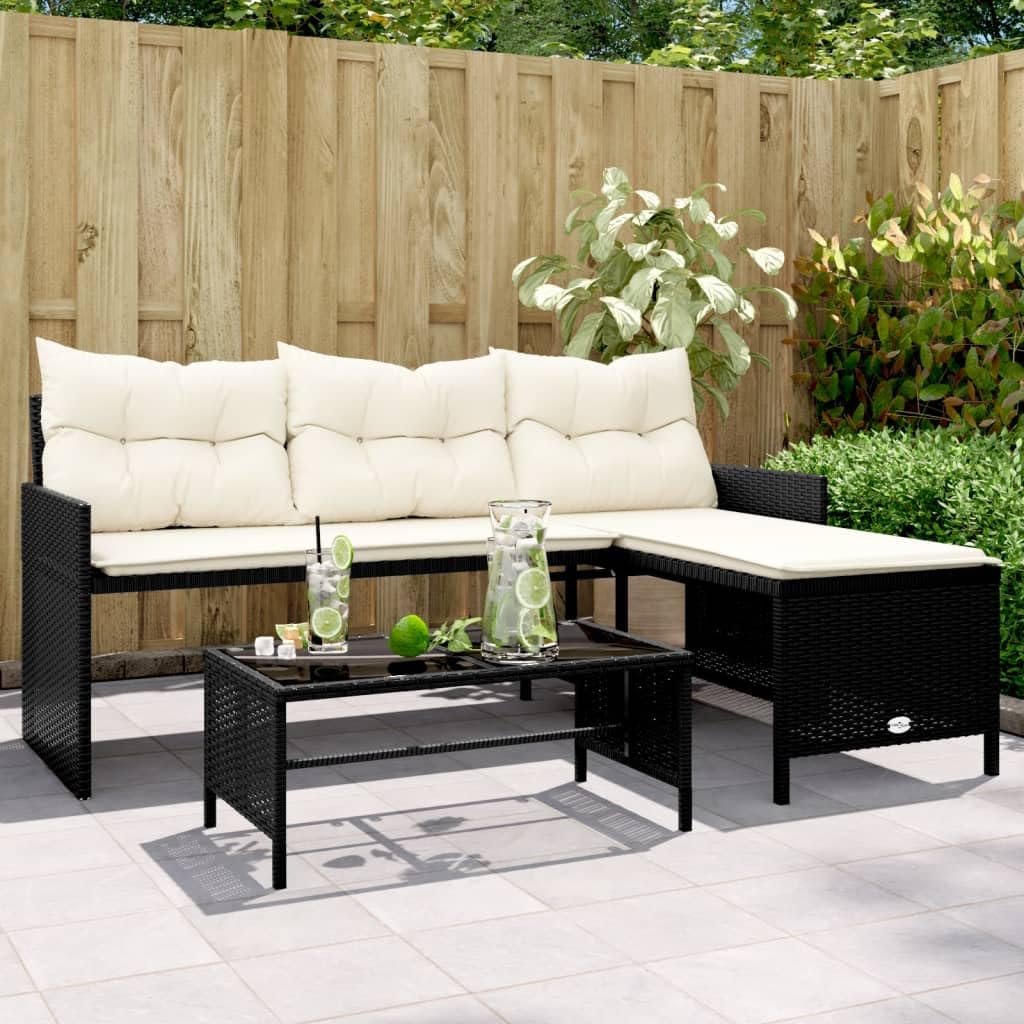 vidaXL Gartensofa in L-Form mit Tisch Kissen, Outdoor Sofa Terrassensofa, Garten Sofagarnitur, Gartenmöbel Sitzgruppe, Schwarz Poly Rattan
