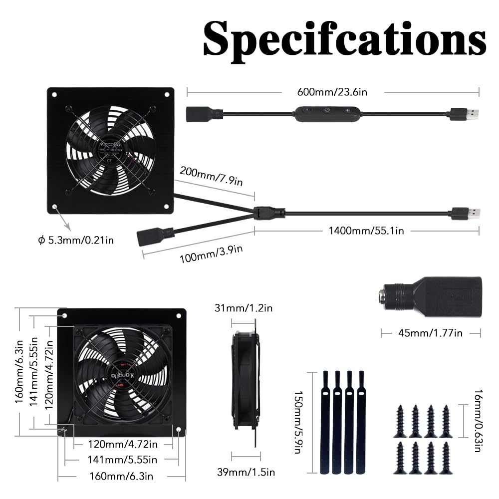 Ventola di raffreddamento USB da 120 mm, 5 V, silenziosa, CC 12 V, IPX5, impermeabile, 10,2 cm, con controllo a 10 velocità, per home theater, armadi AV, serre, canili, computer e armadi di