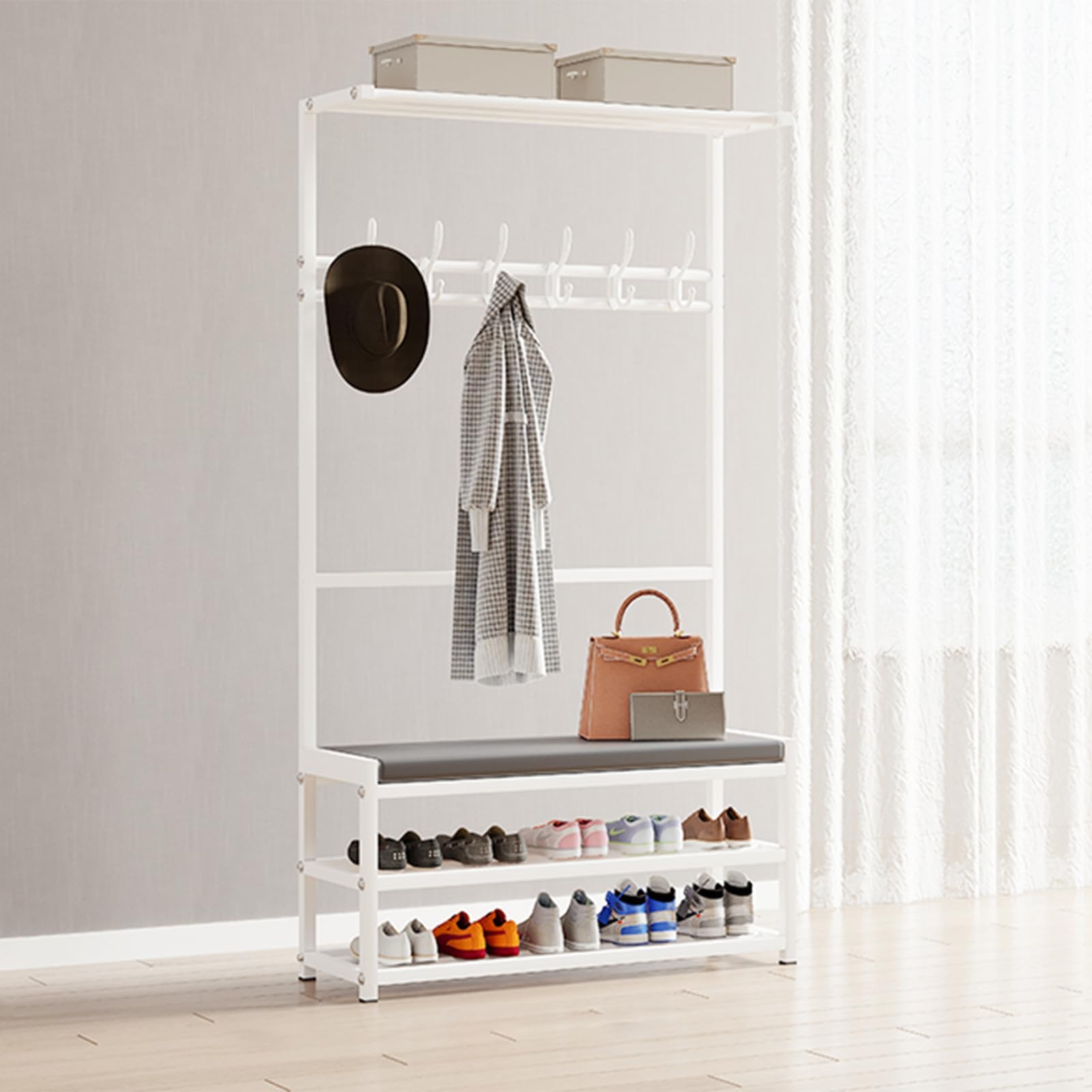 MSHGSKU 3 in 1 Entryway Coat Rack with Storage Bench Stable Metal Frame White 75 * 25.5 * 160cm Stylish Hall Tree for nizing Coats Shoes and Accessories