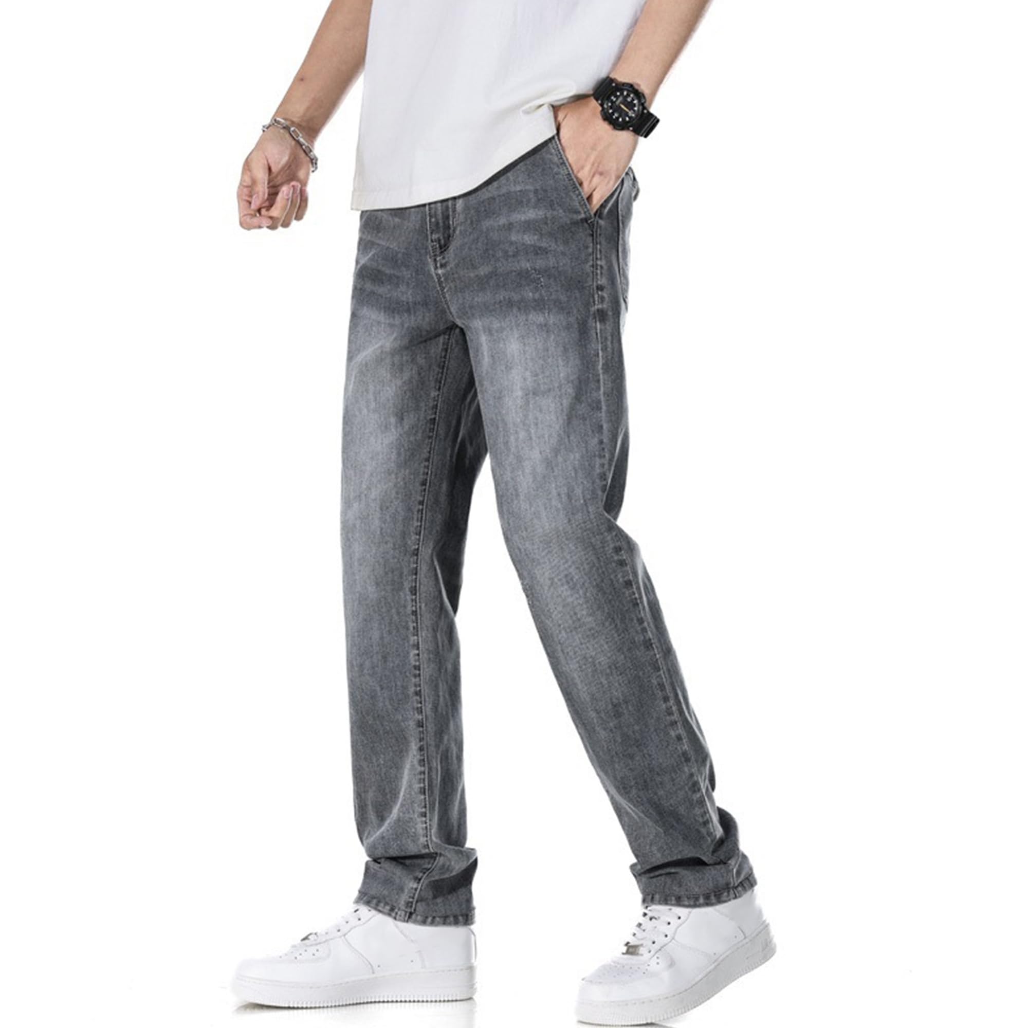 Pantalones de mezclilla ajustados para hombre, elásticos, corte regular, pierna recta, pantalones de mezclilla casuales de verano para hombre